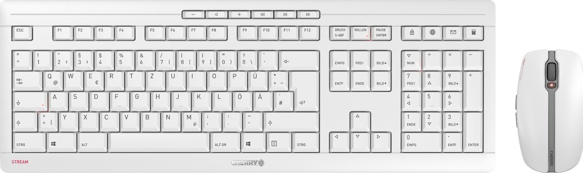 CHERRY Stream Desktop Set Recharge, QWERTY-Layout US mit Euro-Symbol, kabelloses Maus & Tastatur-Set, Weiß-Grau
