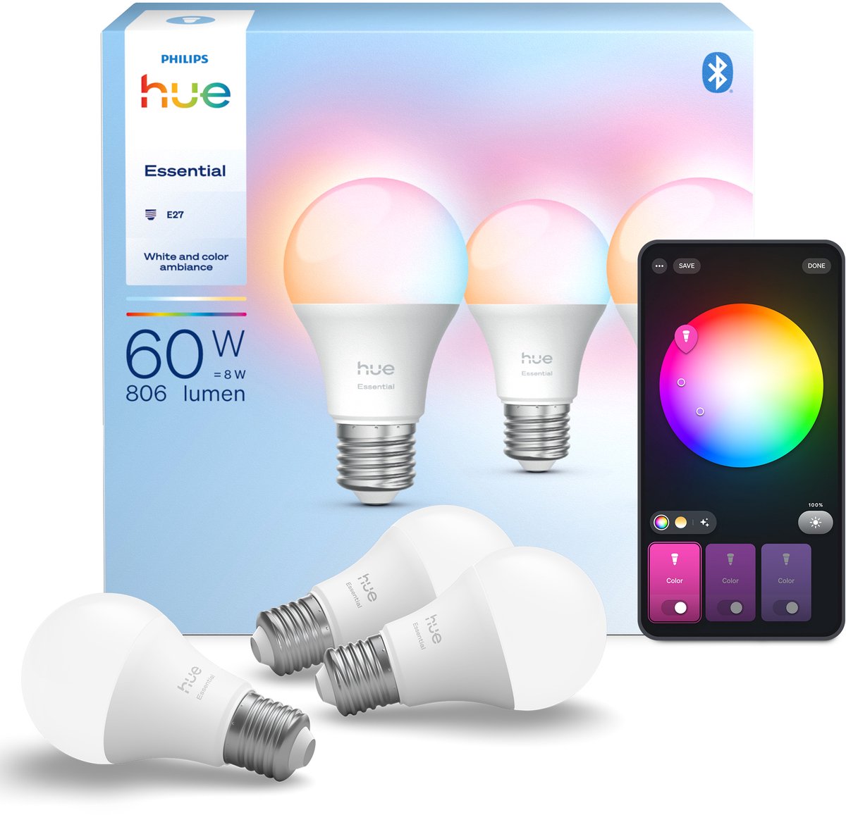 Philips Hue Essential A60 - E27 pære - 806 lumen - 8 W - 3-pakke