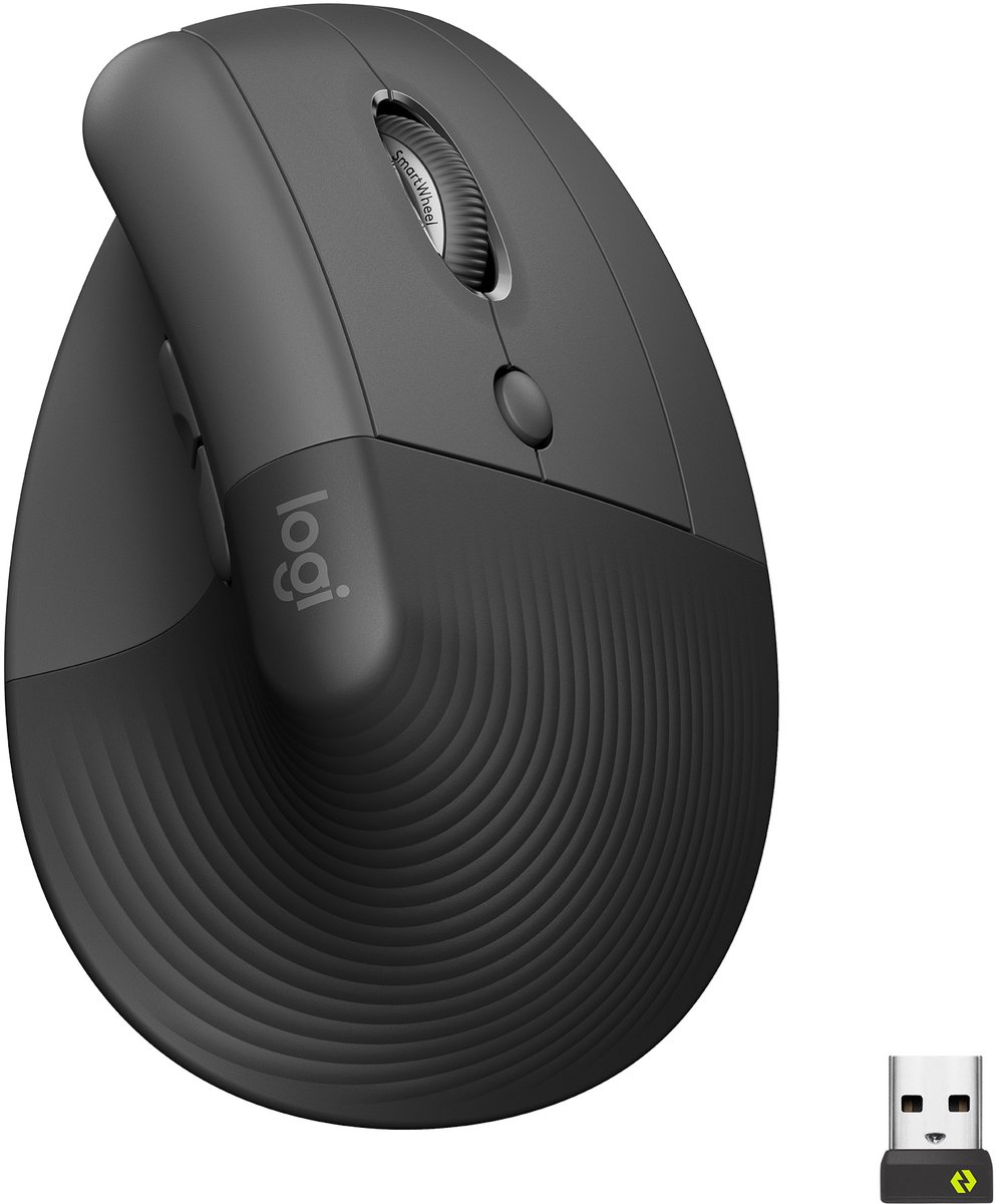 Logitech Lift Right Vertical - Graphite - Ergonomisk mus - Optisk - 6 knapper - Sort