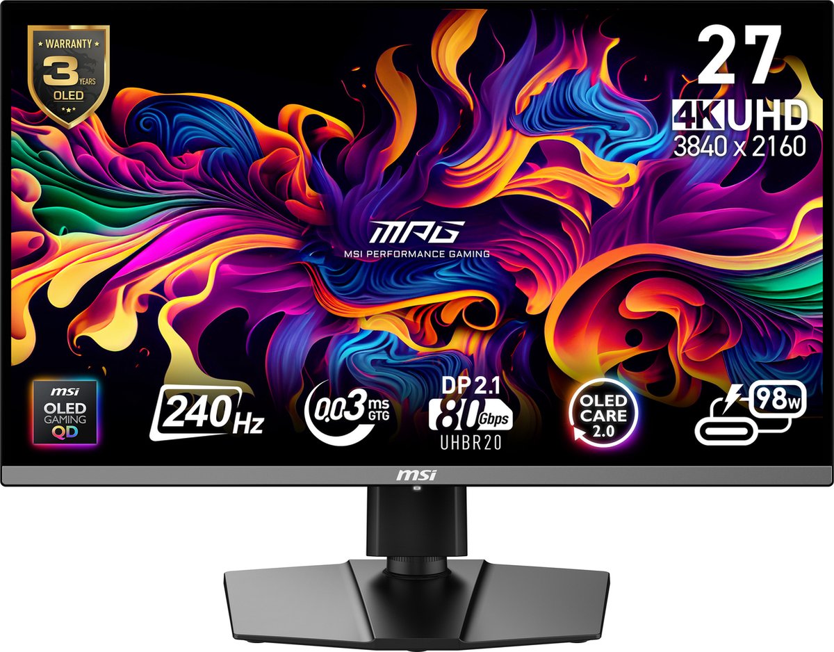 MSI MPG 272URXDE QD-OLED - OLED (QD-OLED, Quantum Dot) 240Hz (3840x2160), 0.03ms (GtG), PD-Out 98W