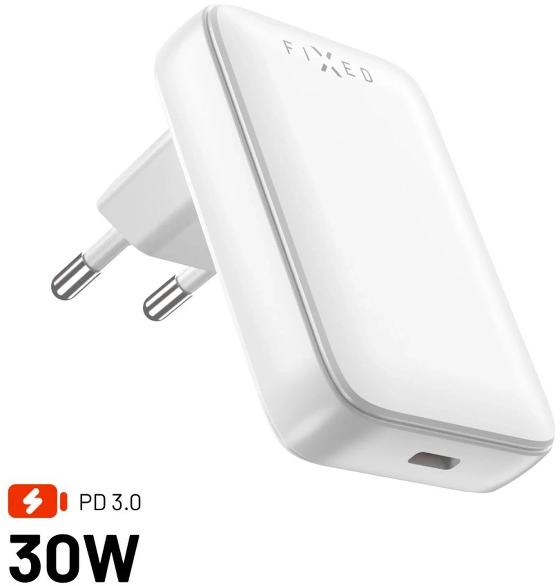FIXED Slim GaN 90° Super Hurtig Oplader 30W - 1x USB-C - Hvid