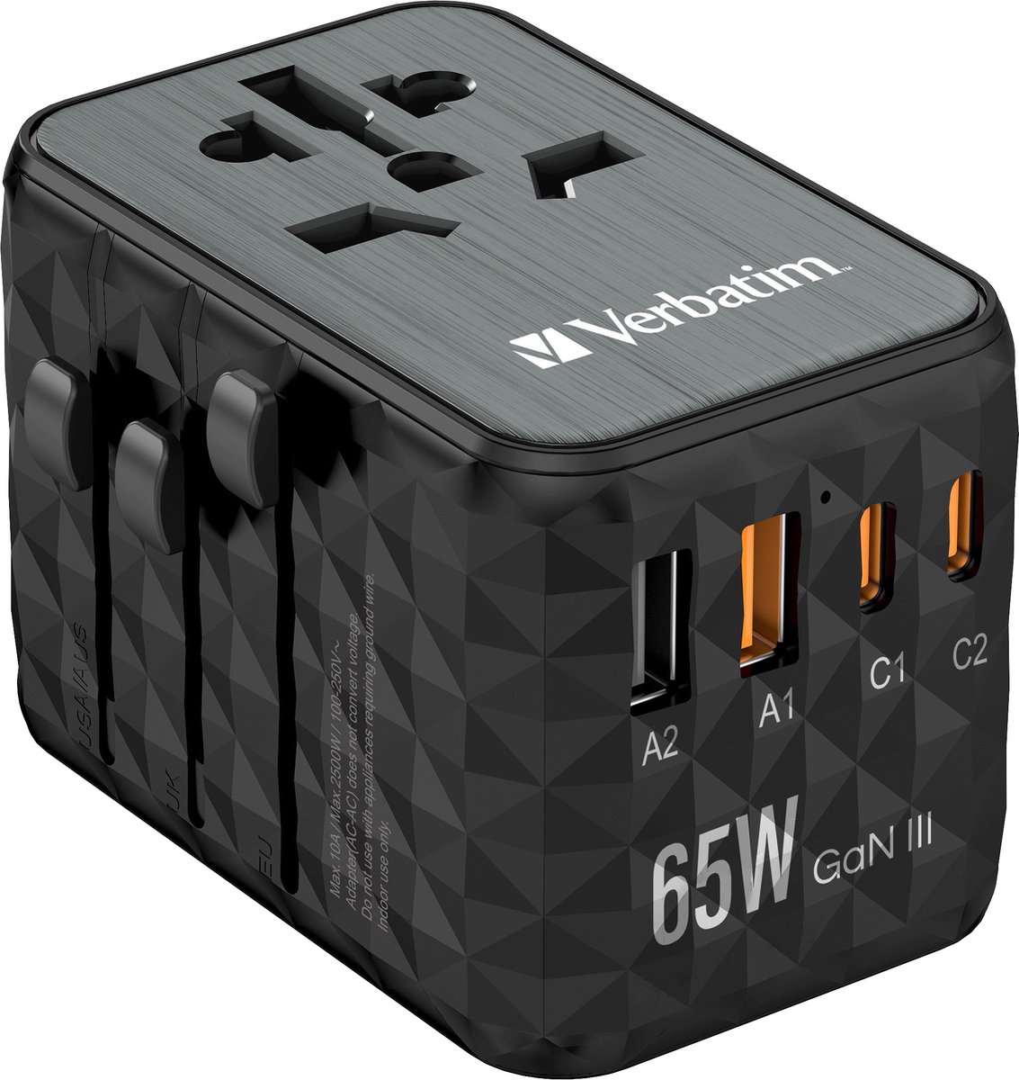 VERBATIM GAN III UNIVERSAL Reiseadapter UTA-05 mit 2 X USB-C PD 65W & QC 4+ / 2 X USB-A