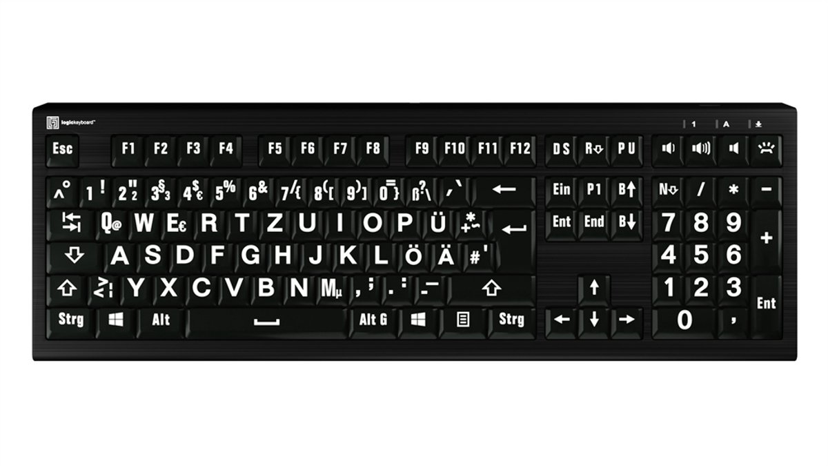 LogicKeyboard PC Astra 2 Großdruck-Tastatur DE Hintergrundbeleuchtung, Weiß auf Schwarz