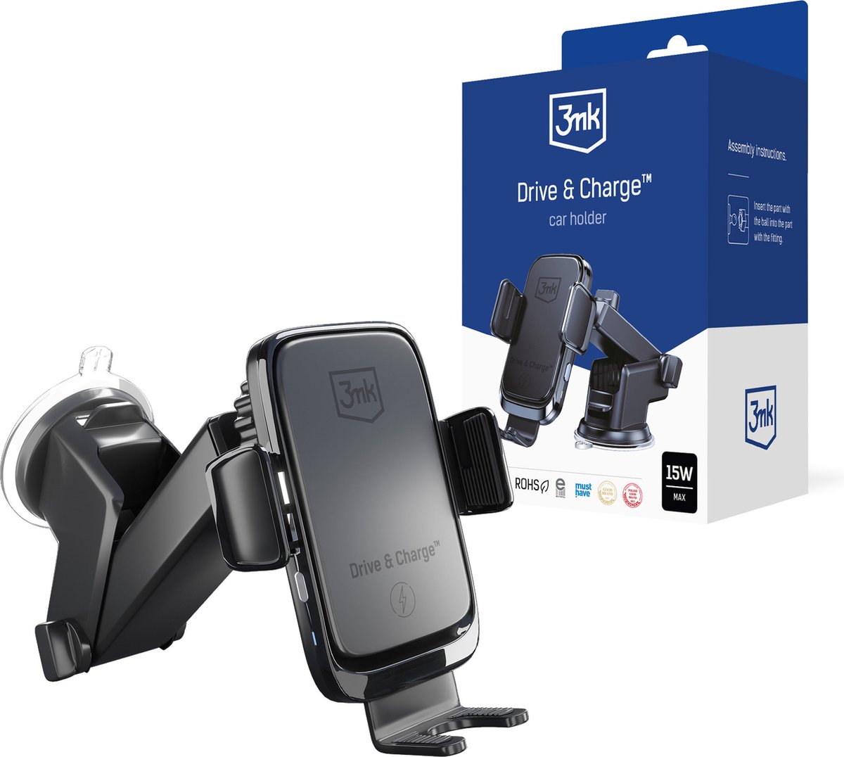 3mk Drive & Charge car phone holder for grille/window/cockpit with inductive charger - black