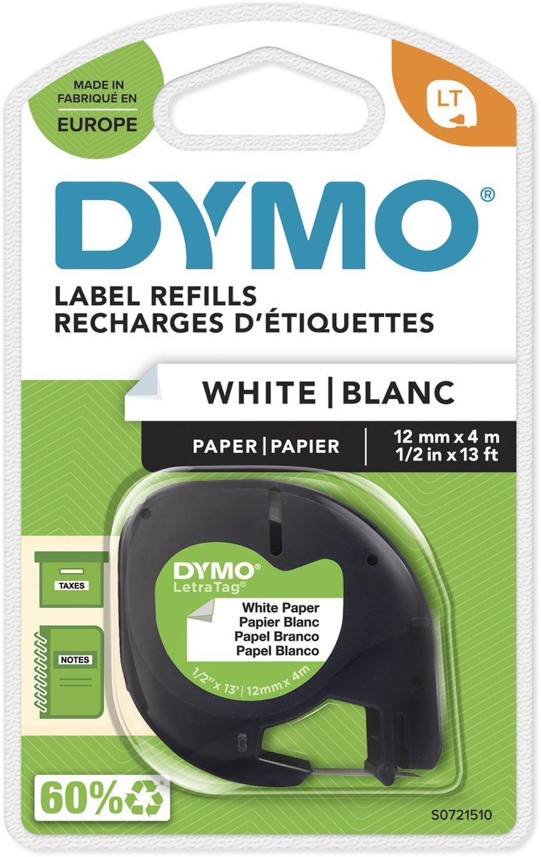 DYMO Letratag papirtape | sort på hvid | 12mm x 4m rulle