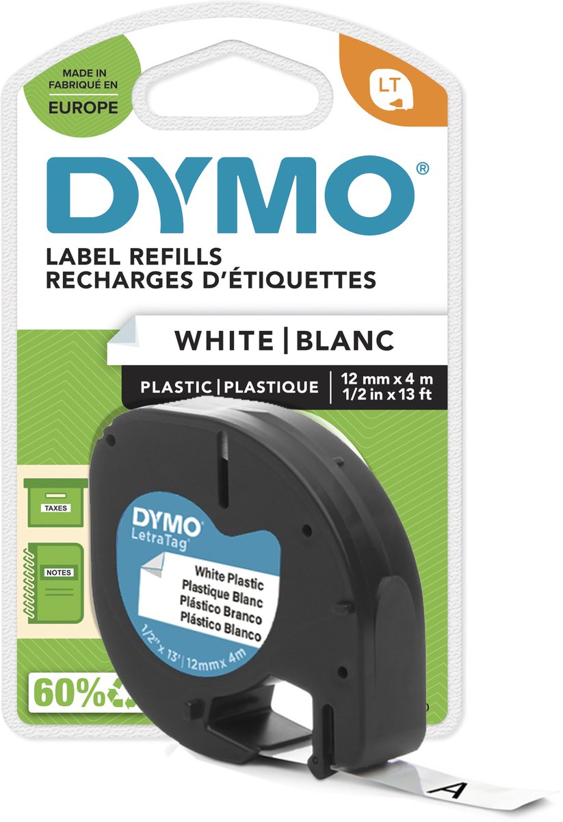 DYMO Letratag plastiktape | sort på hvid | 12mm x 4m rulle
