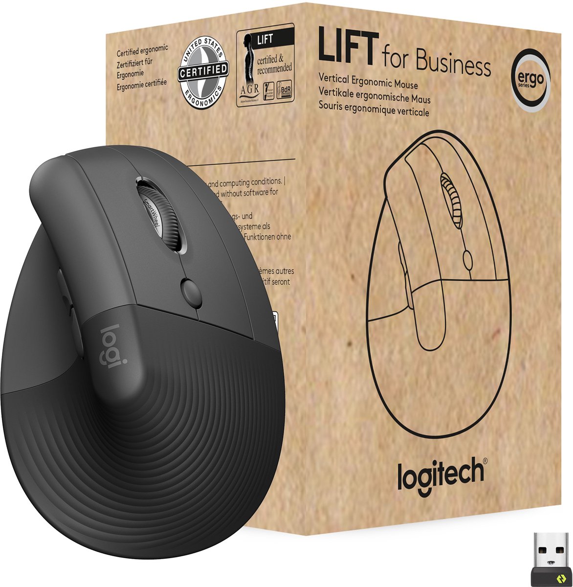 Logitech Lift for Business - Right Handed - Graphite - Ergonomisk mus - Optisk - 6 knapper - Sort