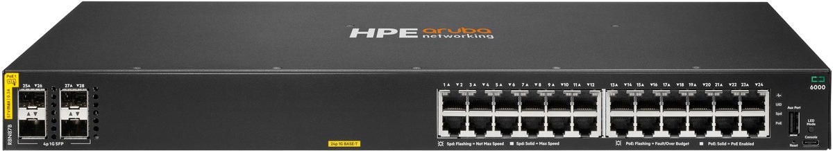 HPE Aruba Networking CX6000 Managed Switch (R8N87B) 24x 1G Ethernet, 4x 1G SFP, PoE/PoE+ 370W