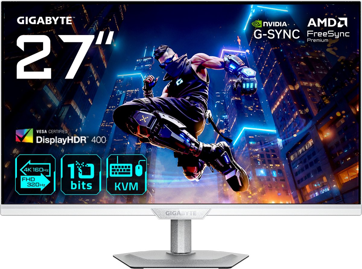 Gigabyte M27UP ICE 27 Zoll - Dual Mode Gaming Monitor Fast IPS Panel, 4K UHD 160 Hz oder FHD 320 Hz, 1ms, HDMI 2.1, DP, USB-C, KVM