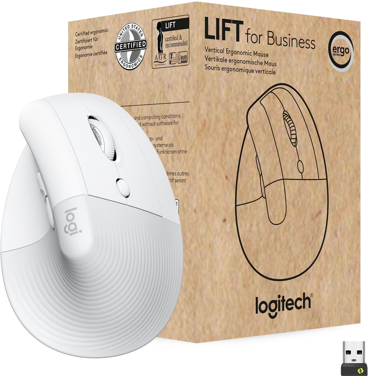 Logitech Lift for Business - Right Handed - Off-white - Ergonomisk mus - Optisk - 6 knapper - Hvid