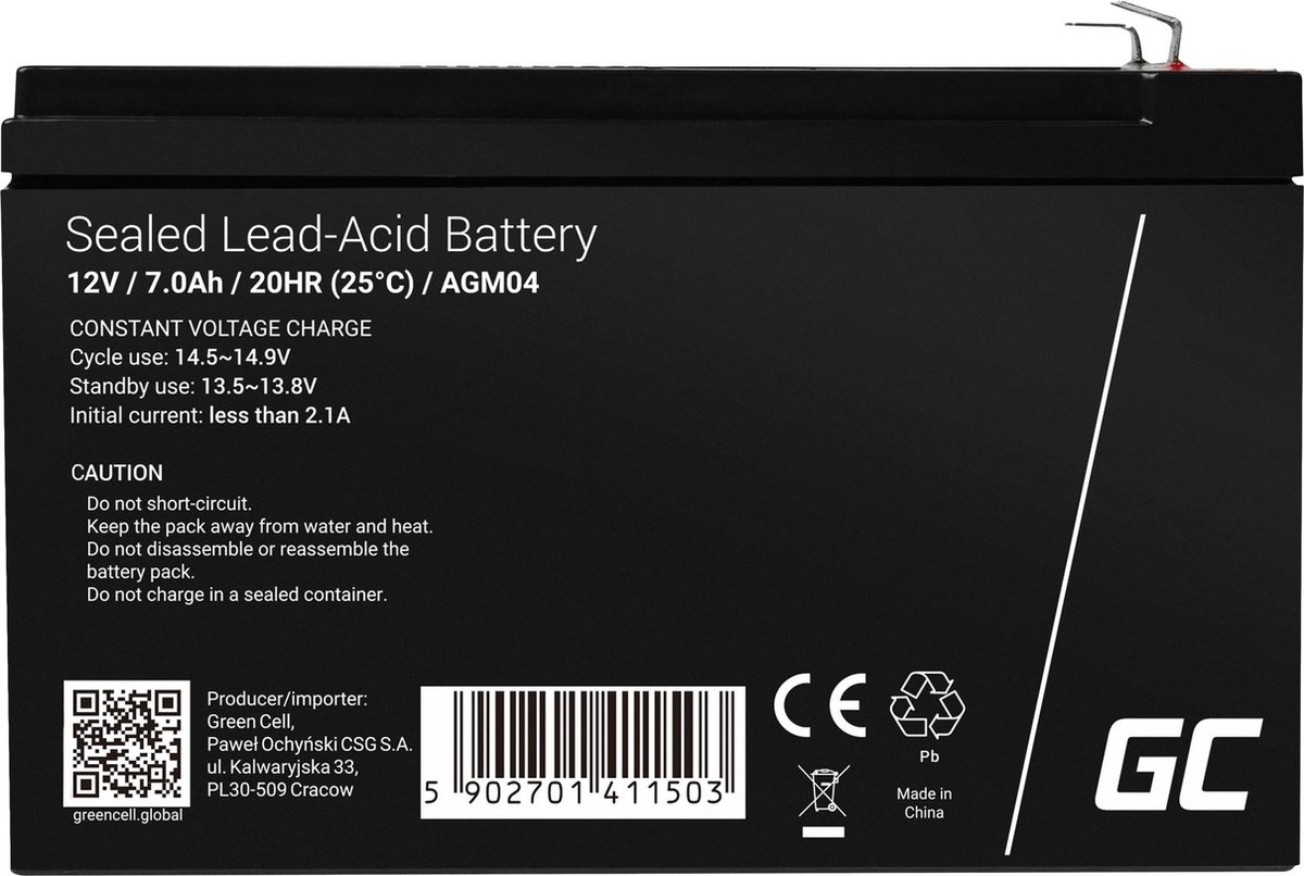 Green Cell AGM04 - 12V 7Ah VRLA Battery | AGM | Maintenance-Free