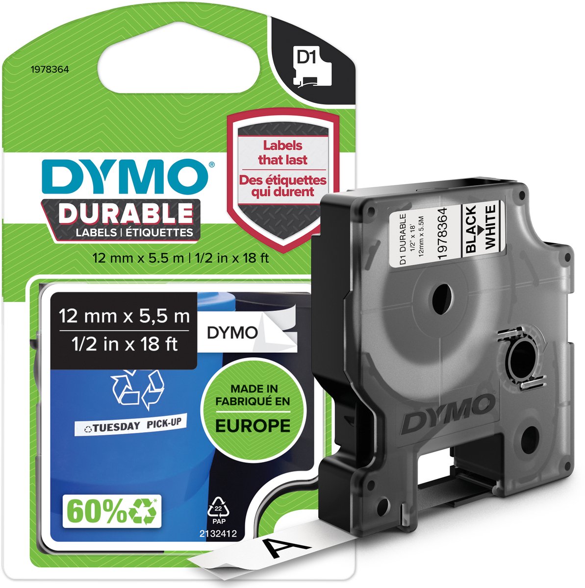 DYMO D1® Durable tape | sort på hvid | 12 mm x 5,5m