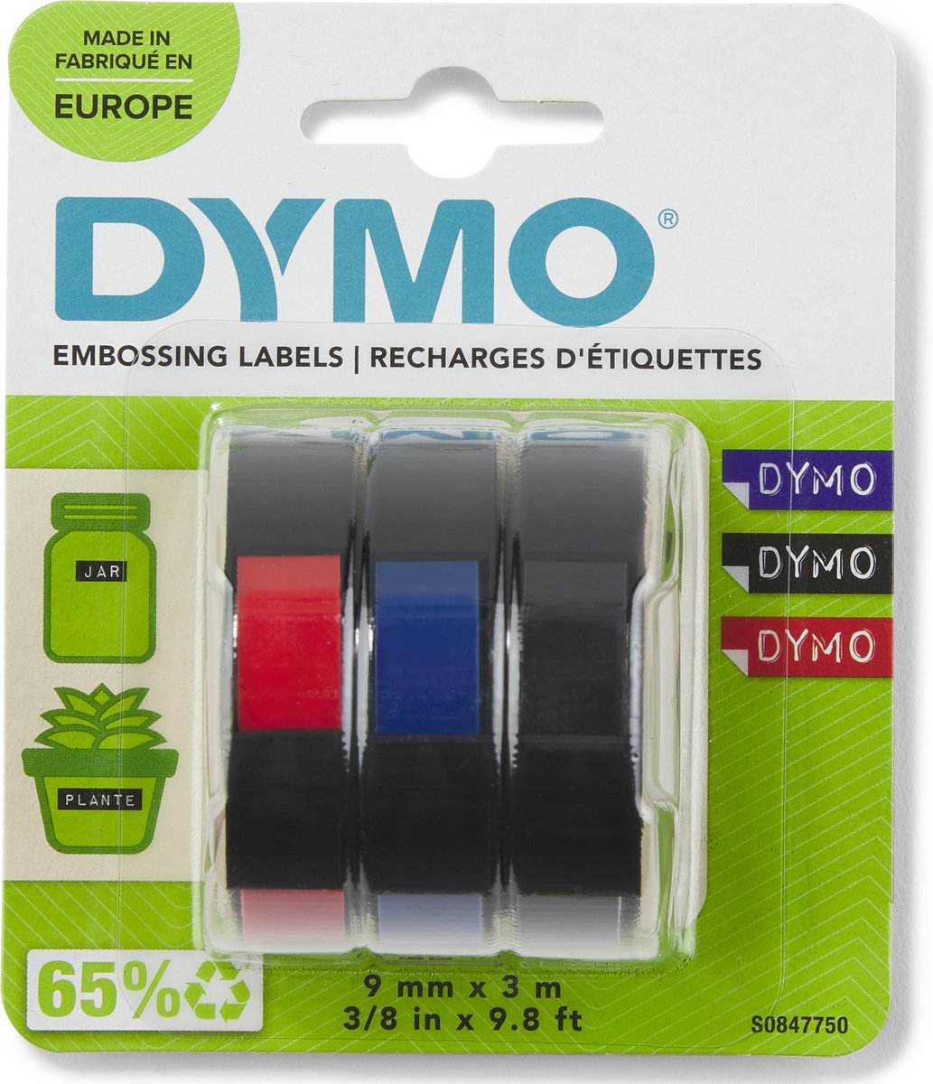 DYMO prægetape selvklæbende | 9mm x 3m | Sort, blå og rød | 3 Stk