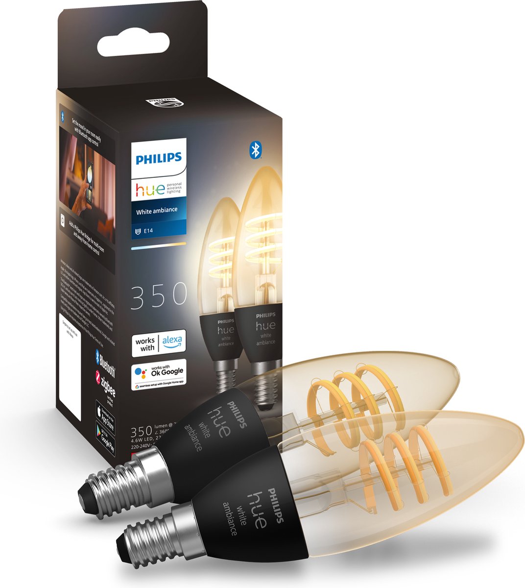 Philips Hue White Ambiance E14 Filament Candle 2-Pack