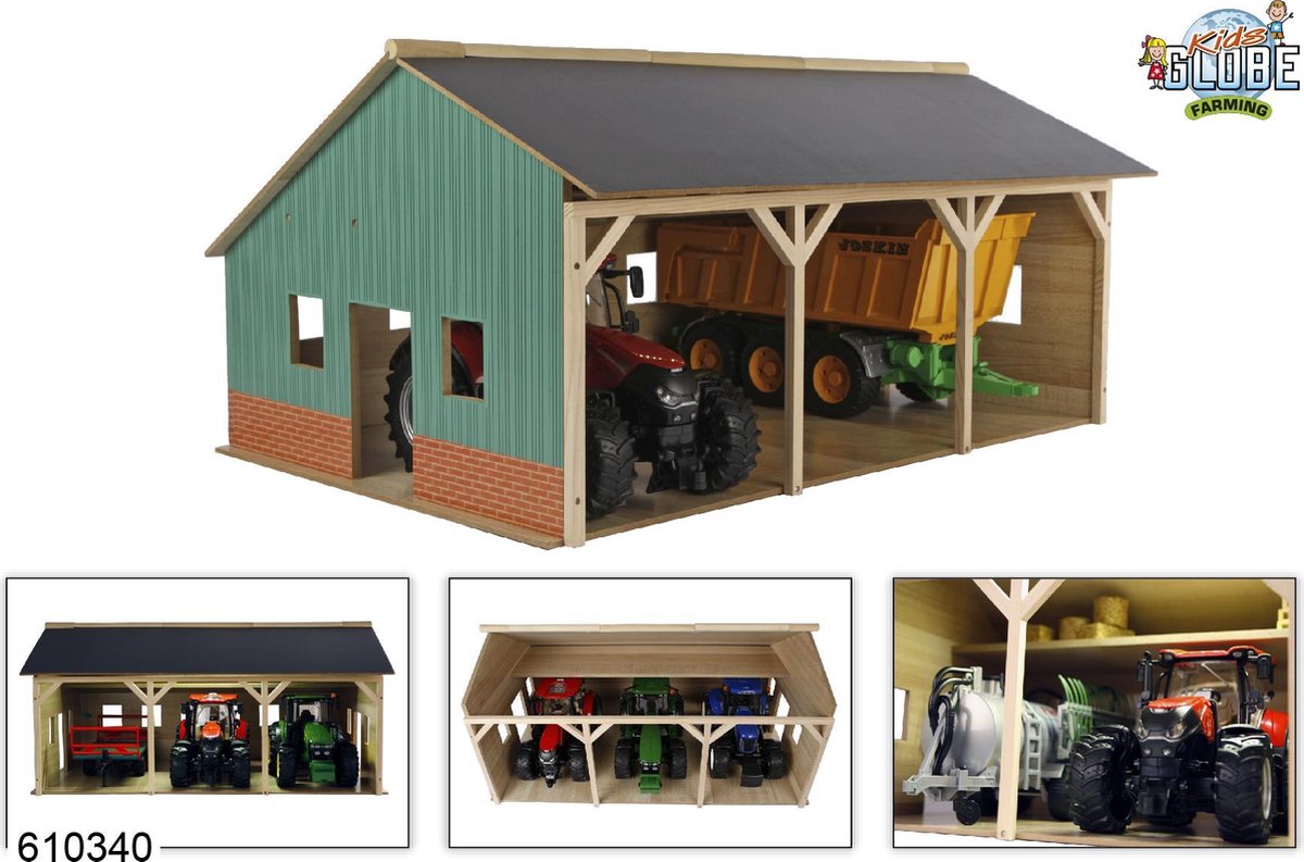 Kids Globe - Agricultural Shed Wood for 3 Tractors 1:16