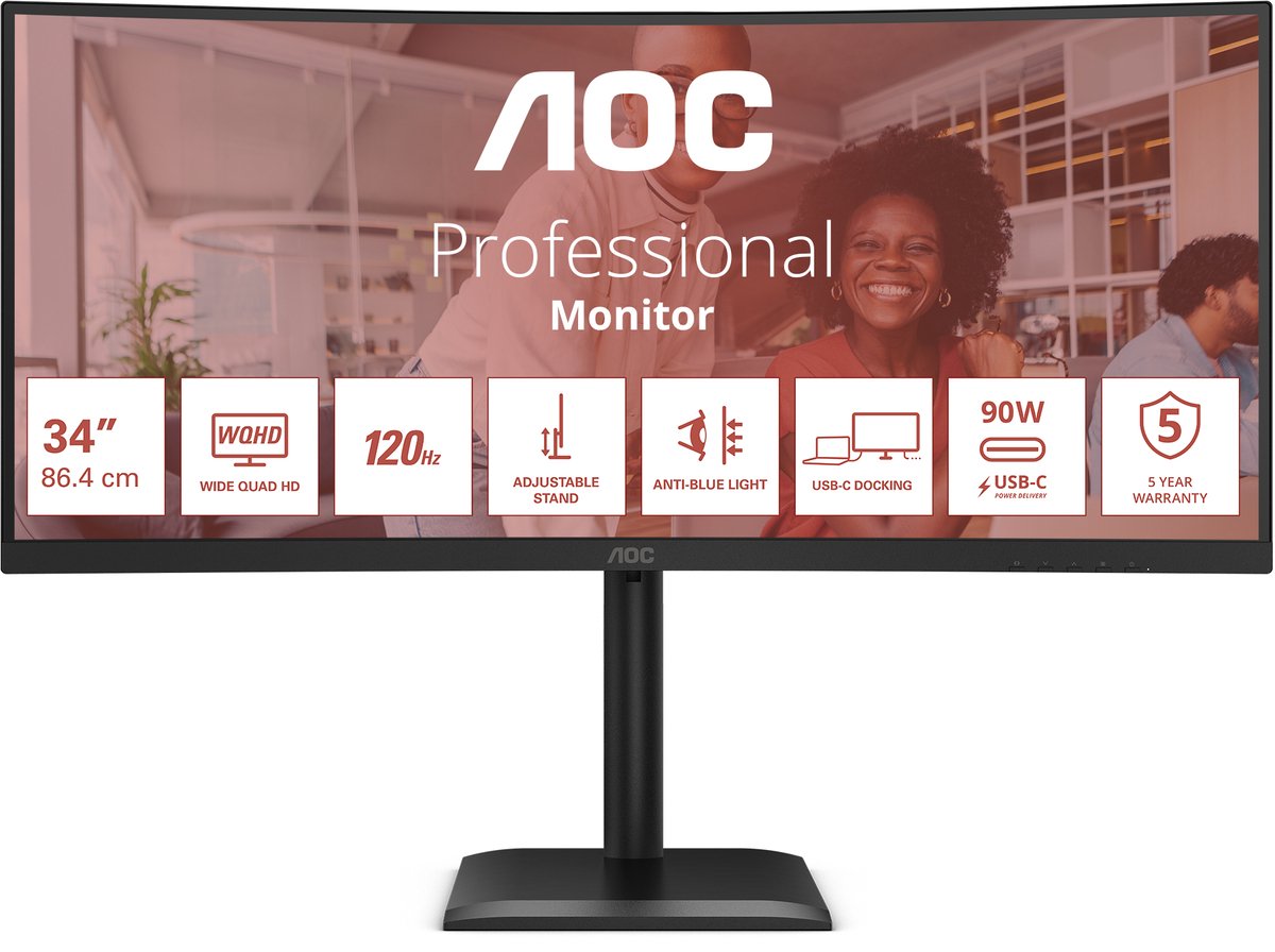 34" AOC CU34E4CV - 3440x1440 (UWQHD) - 120Hz - VA - 90W USB-C - KVM switch