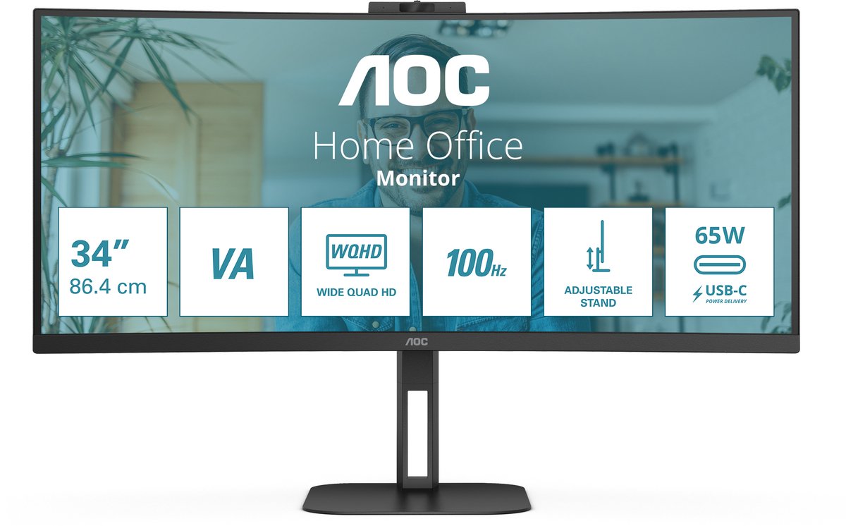 34" AOC CU34V5CW - 3440x1440 (UWQHD) - 100Hz - VA - 65W USB-C