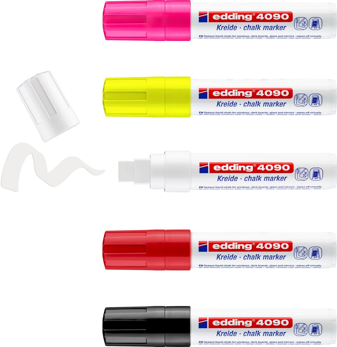 Edding 4090 4-4090999 Marcatore a gesso Nero, Rosso, Bianco, Giallo Neon , Rosa neon 4 mm, 15 mm
