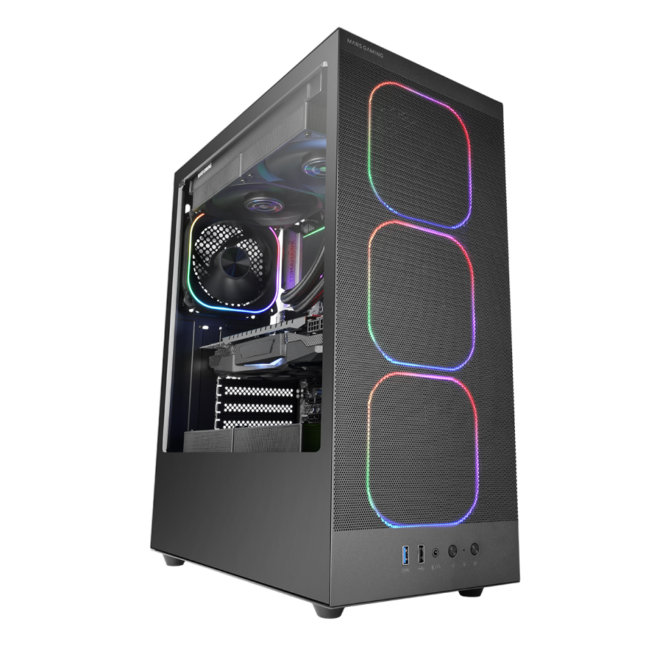 Mars Gaming MC-Nebula Caja Gaming ATX, 4 Ventiladores Line-Glow ARGB 120 mm, Frontal Mesh Metálico de Microperforación, CableHatch, Lateral de Cristal Templado, Negro