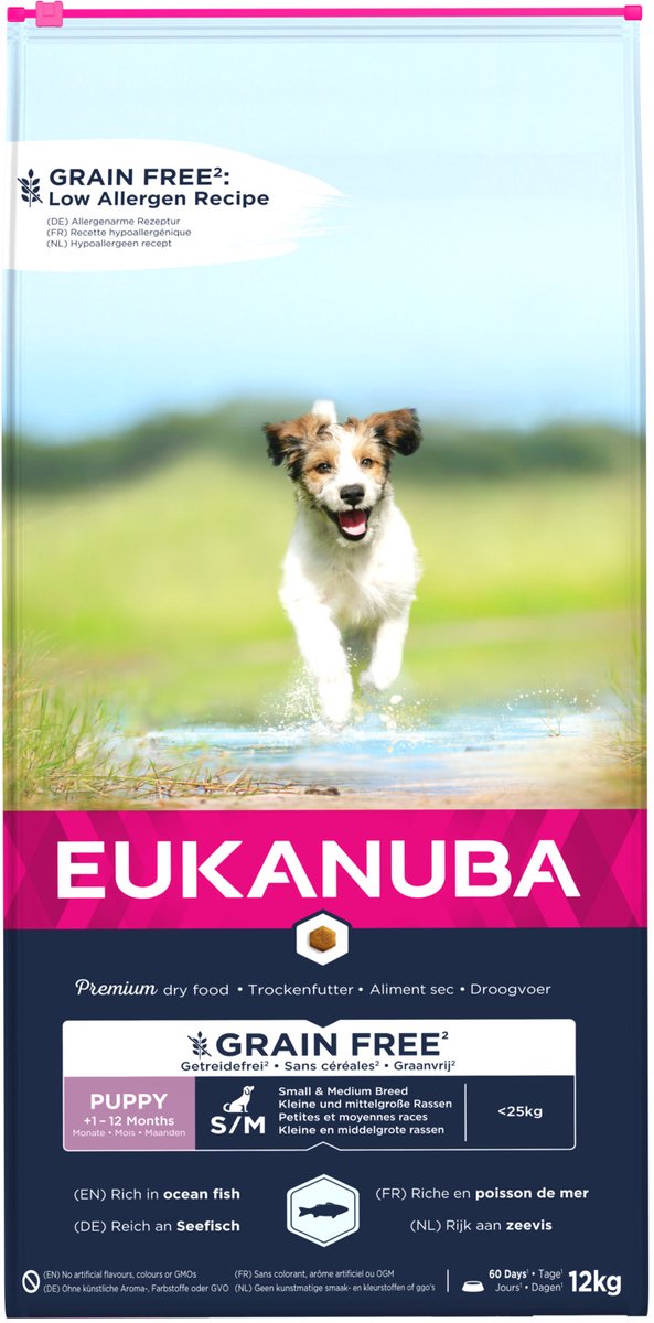 Eukanuba Grain Free 2 x 12 kg - Pack Ahorro - Puppy Small & Medium Breed pescado de mar (2 x 12 kg)