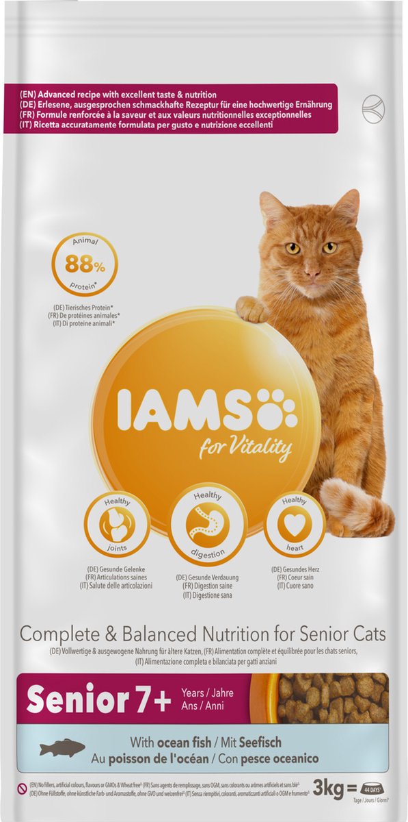 IAMS Advanced Nutrition Senior Cat 7+ con pescado de mar - 2 x 3 kg - Pack ahorro