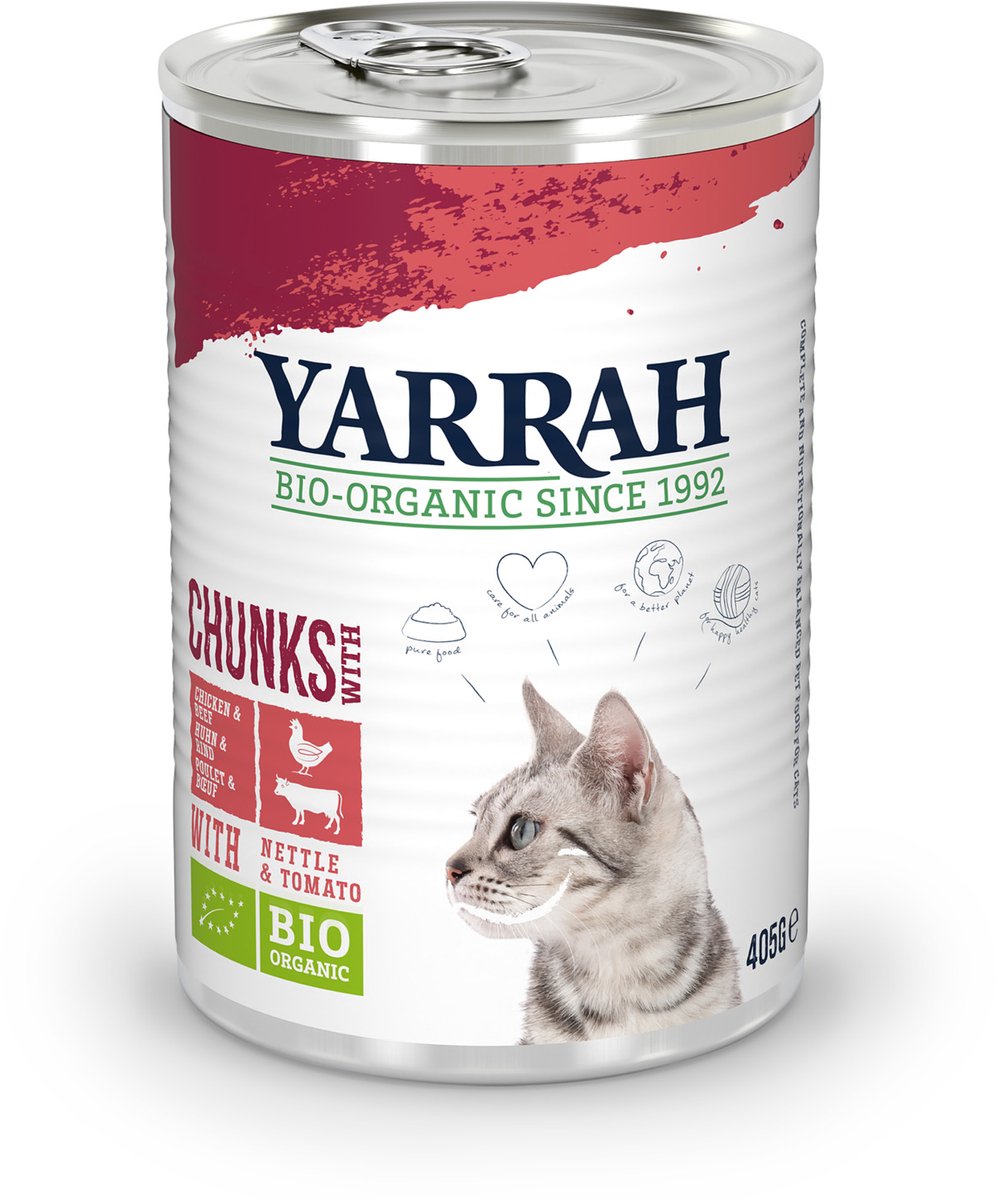 Yarrah Bio Chunks 24 x 405 g - Pack Ahorro - Pollo y vacuno ecológicos con ortiga y tomate ecológicos