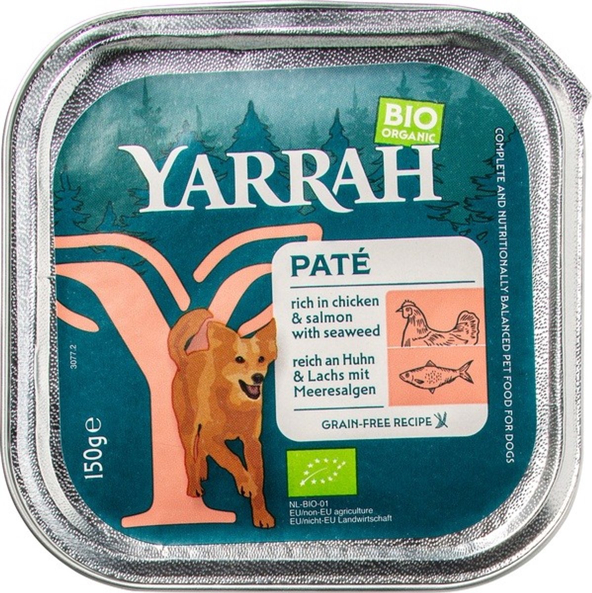 Yarrah Bio en tarrinas 36 x 150 g - Pack Ahorro - Paté pollo con salmón ecológicos y algas ecológicas