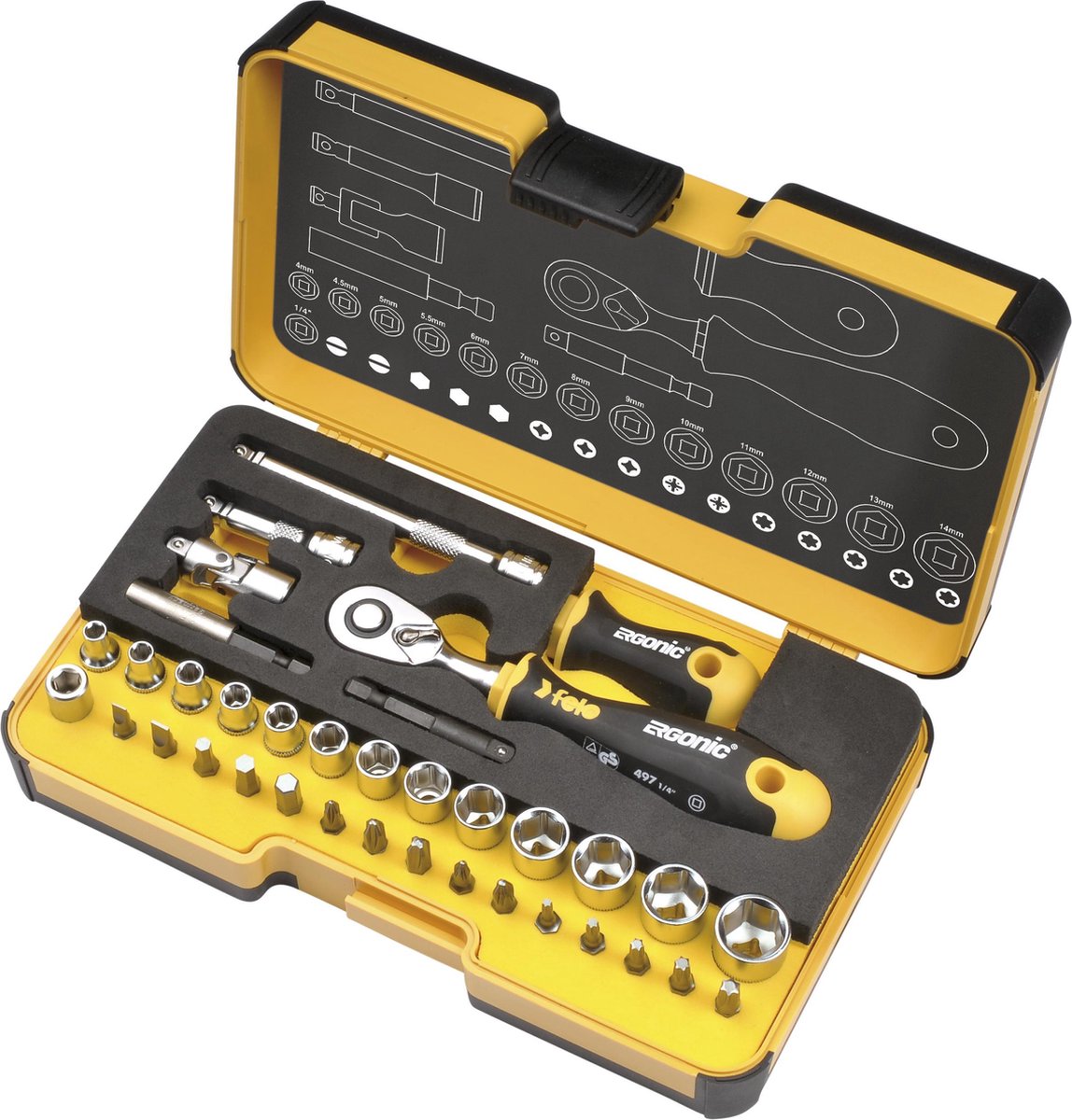 Juego de insertos para llaves de vaso Ergonic Strongbox (¼″, 36 pzs.)