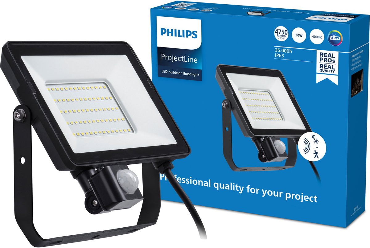 Philips Floodlight med sensor, LED 50W, 4000K, sort
