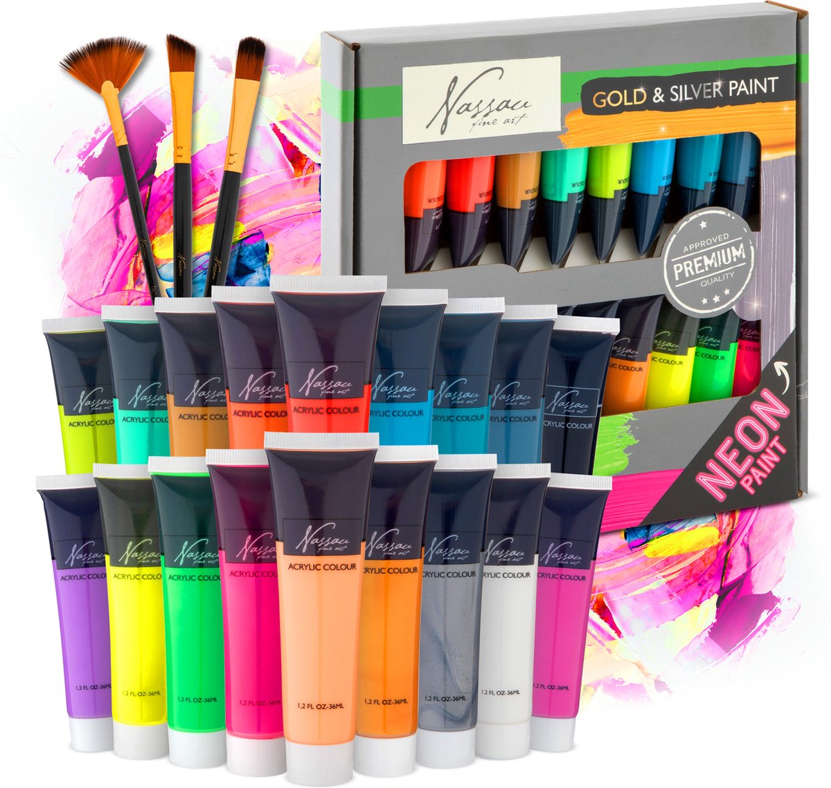 Nassau Acrylic Paint Fluorescent and Metallic Colors 18x36 ml