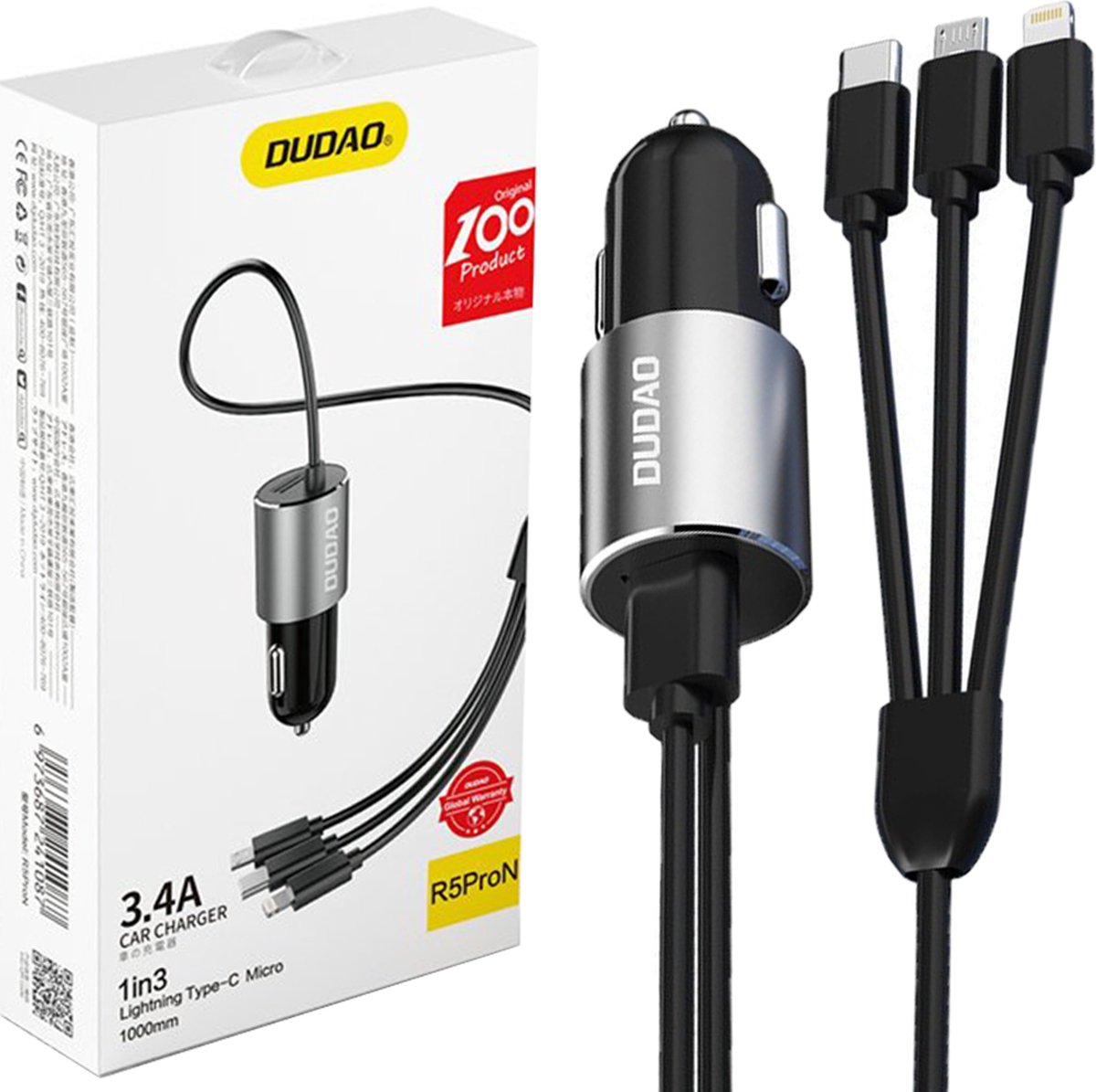 Dudao 3in1 USB car charger 3.4 A built-in cable Lightning / USB Type C / micro USB black (R5ProN black)