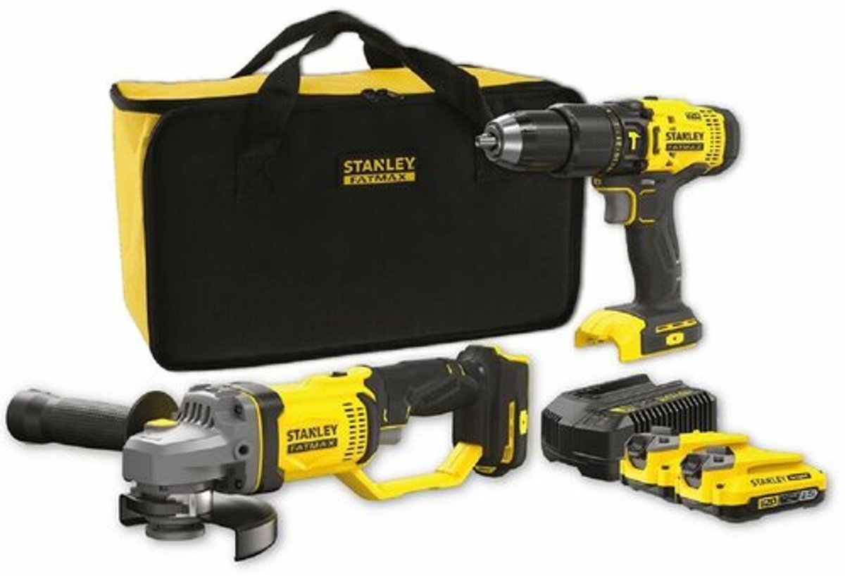 STANLEY FATMAX SFMCK471D2S-QW - Kit combinado V20 (Incluye Amoladora angular a batería de 125 mm, Taladro percutor a batería, cargador y 2 baterías de iones de litio de 2,0 Ah, estuche incluido)