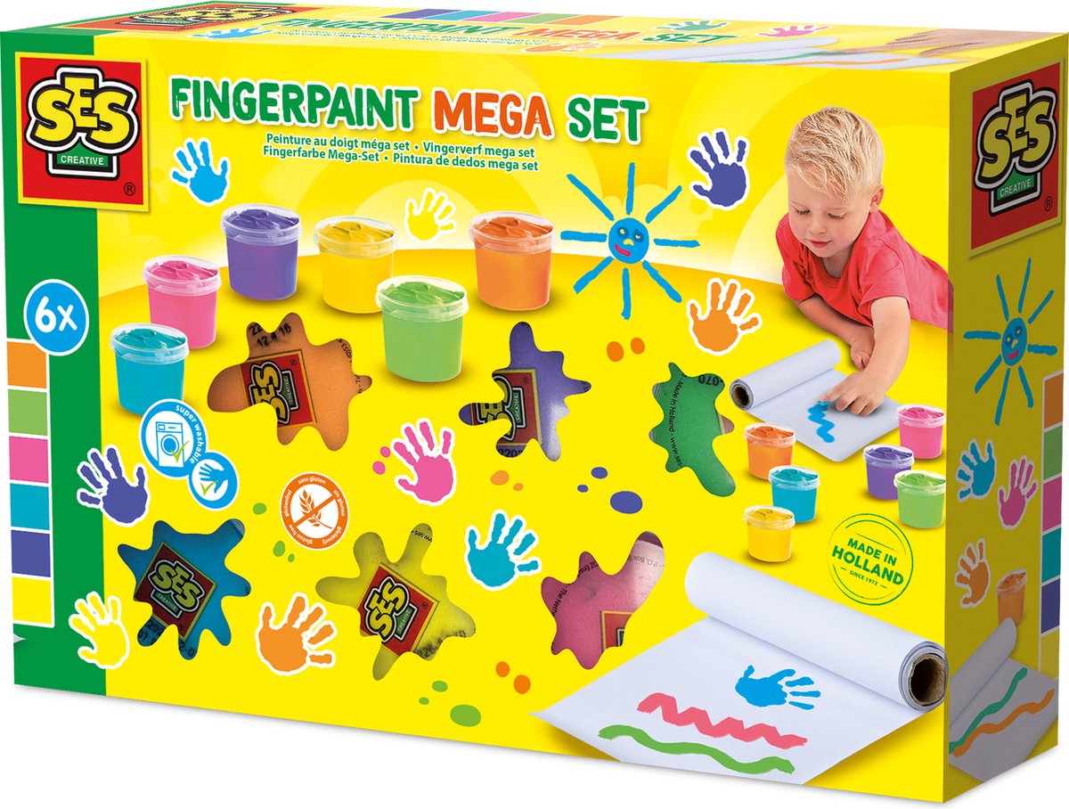 SES Creative Finger Paint Mega Set 6 Colours x 110ml - Includes 2-Metre Paper Roll