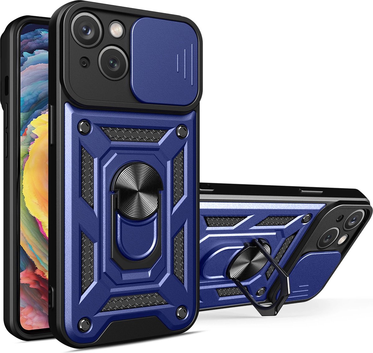 Hurtel Hybrid Armor Camshield Case for iPhone 14 Plus Armored Case with Camera Cover Blue