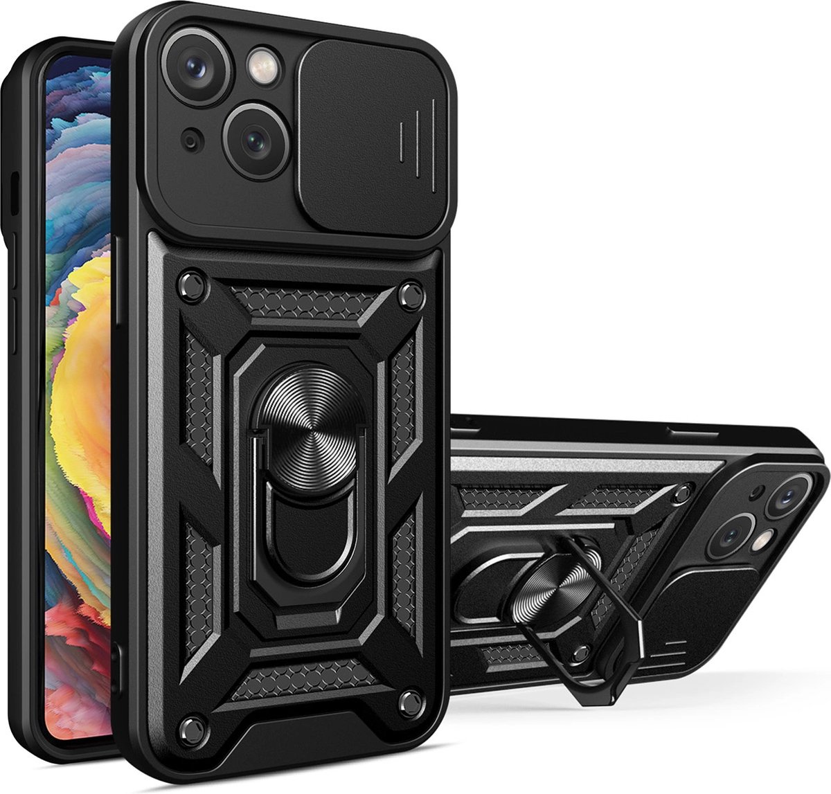 Hurtel Hybrid Armor Camshield Case for iPhone 14 Plus Armored Case with Camera Cover Black