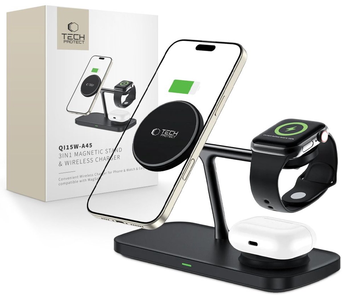 Tech-Protect QI15W-A45 3in1 Wireless Charger with MagSafe for Apple Devices - Black