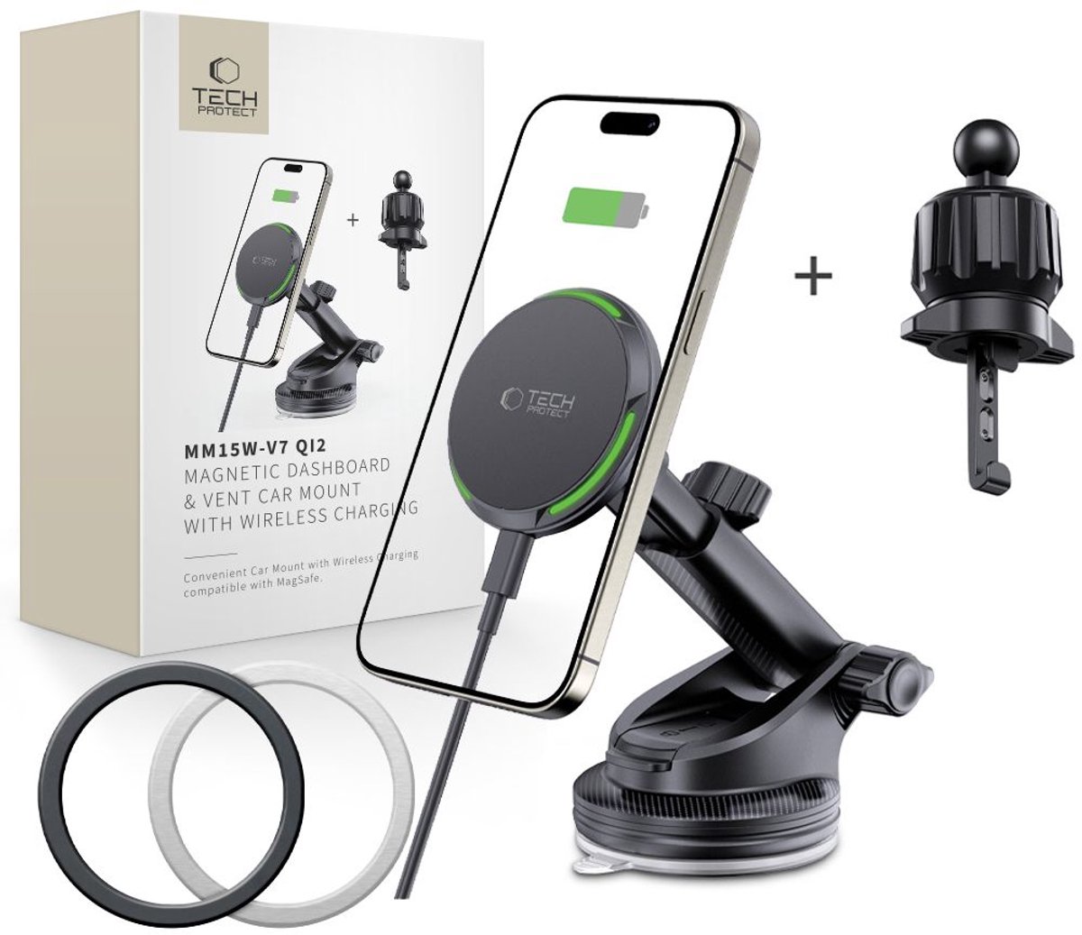 Tech-Protect MM15W-V7 QI2 Car Mount with Induction Charger - Black