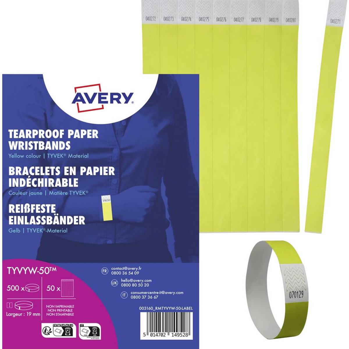 Avery Armbånd, neongul, Tyvek®, 500 stk. 256x19mm