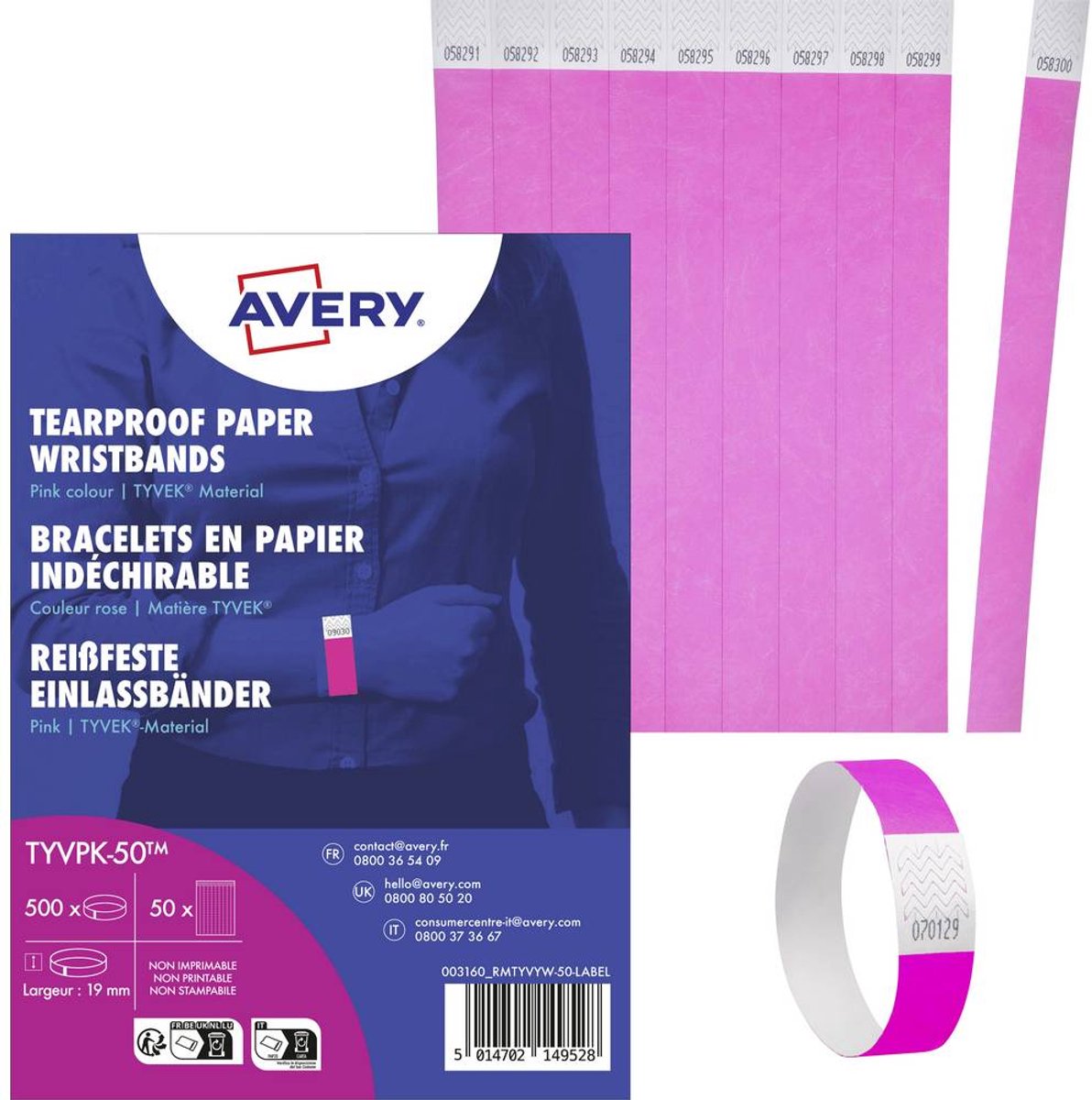 Avery Armbånd, pink, Tyvek®, 500 stk. 256x19mm