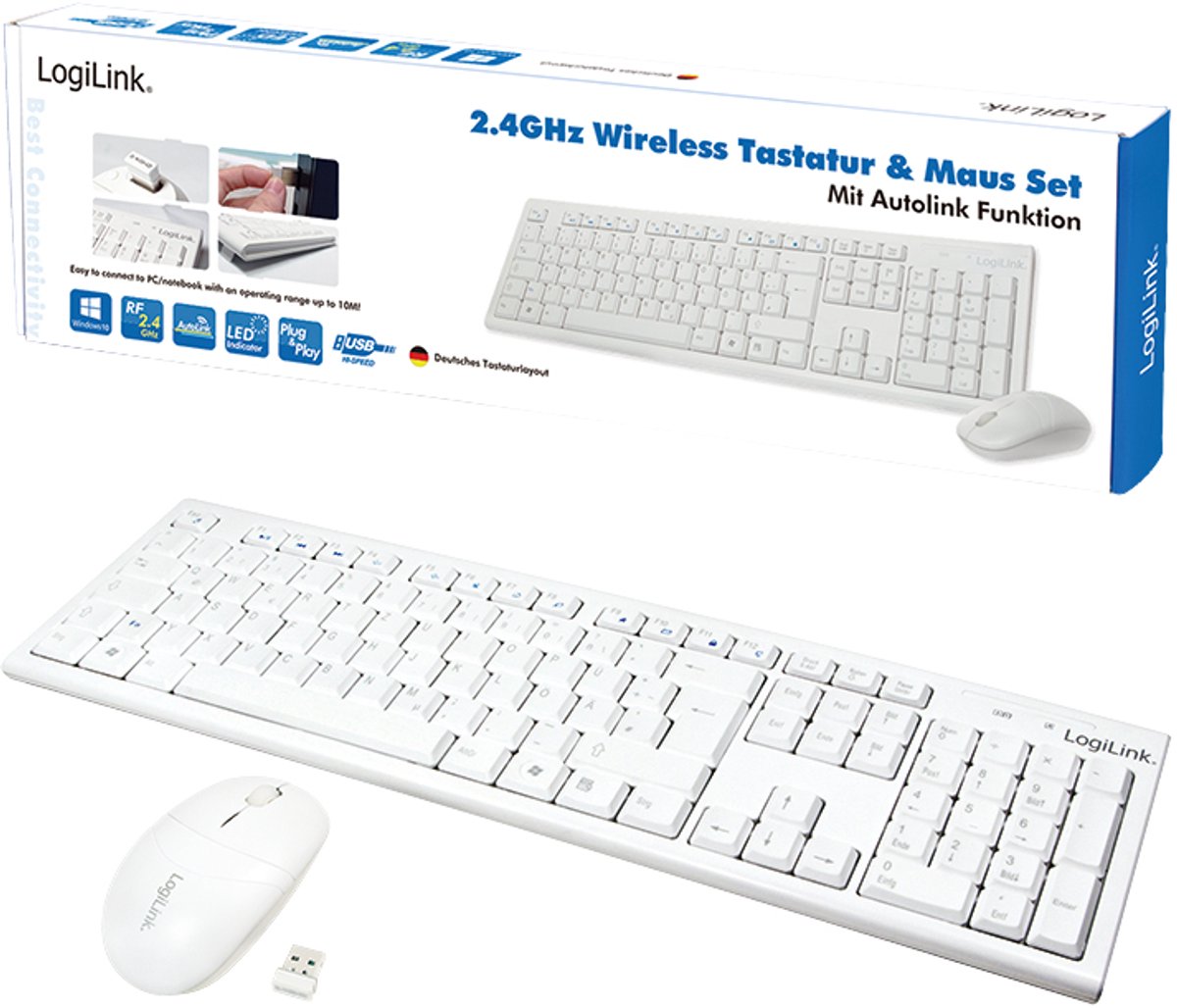 LogiLink Combo Set with Autolink - Tastatur & Mus sæt - Hvid