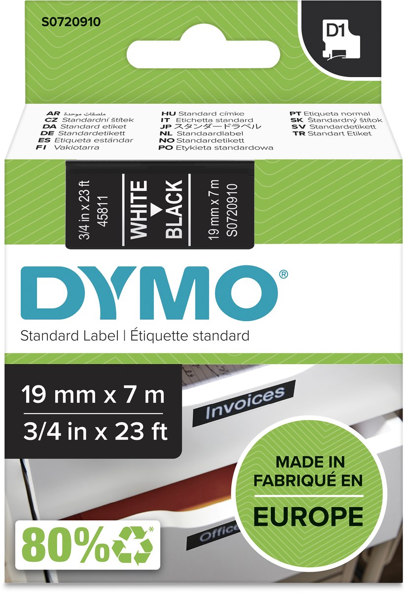 DYMO D1 tape | 19mm x 7m rulle | hvid på sort