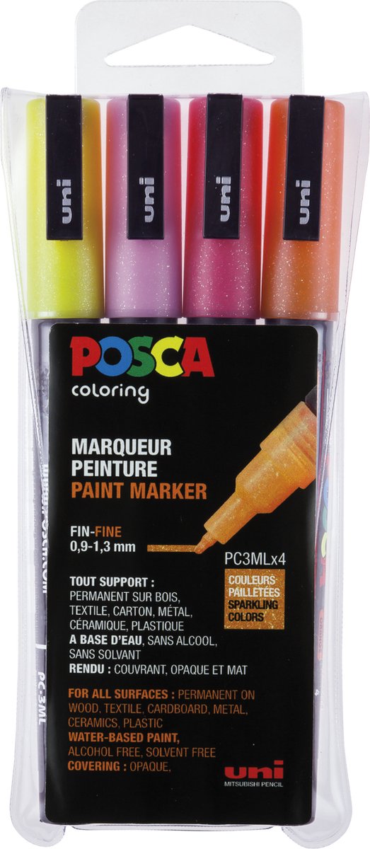 POSCA marker sæt PC-3M, 4 ass. Glitter farver, warm