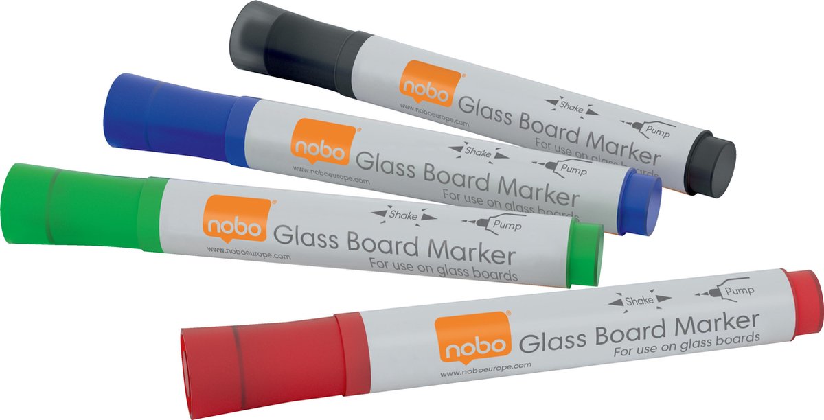 Nobo whiteboardpenne med flydende blæk til glas-whiteboardtavler, med kuglespids 4 stk Assorteret