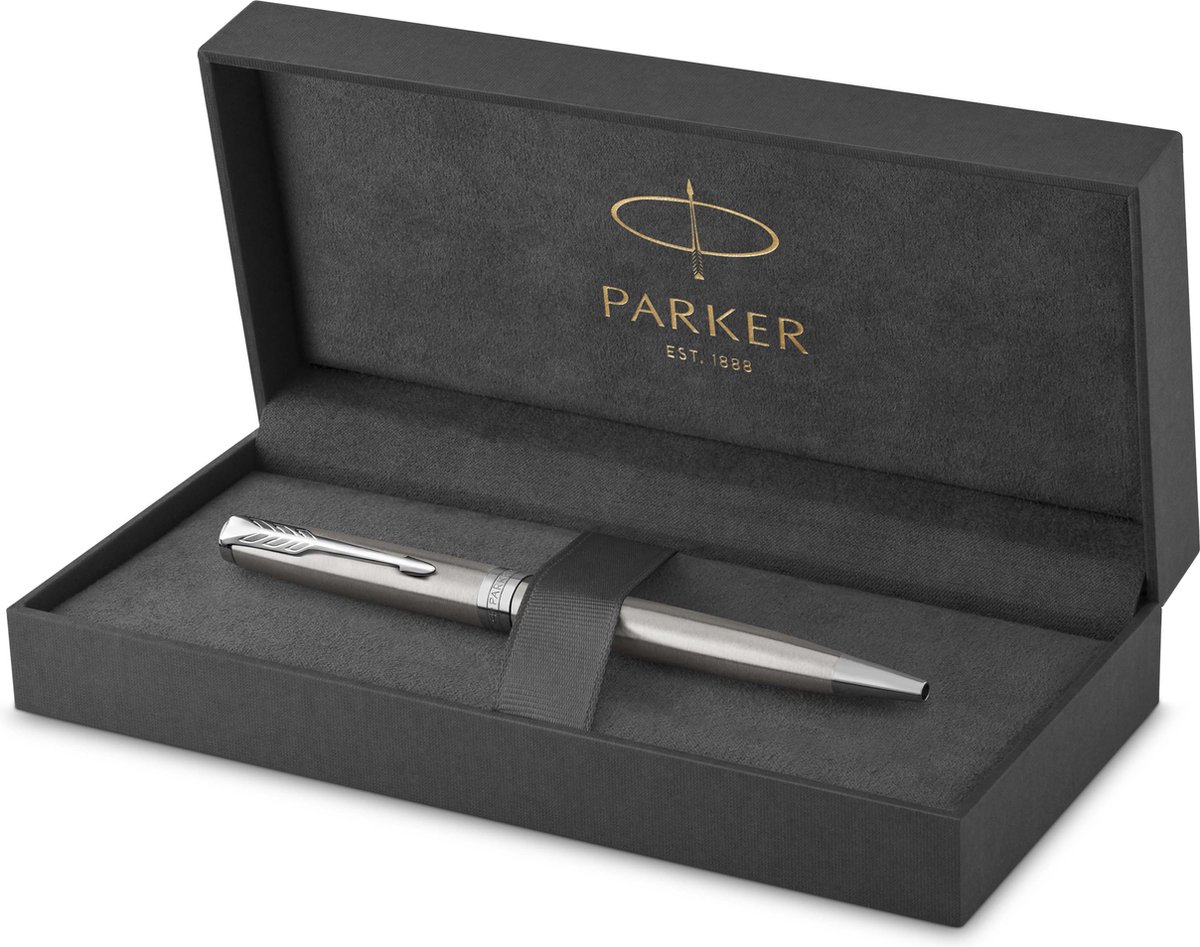 Parker Sonnet-kuglepen | rustfrit stål med detaljer i palladium | medium spids sort blæk | gaveæske