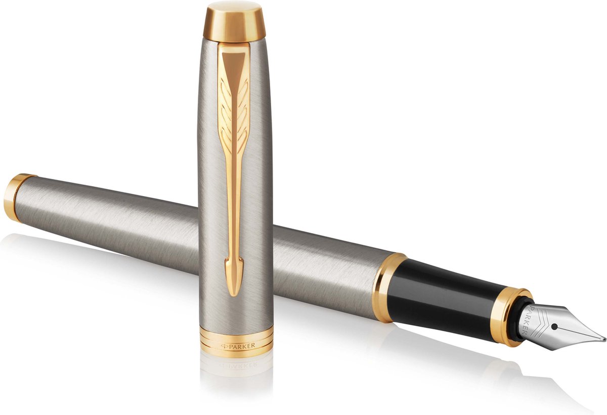 Parker IM-fyldepen, børstet metal, medium spids med patron med blå blæk, gaveæske