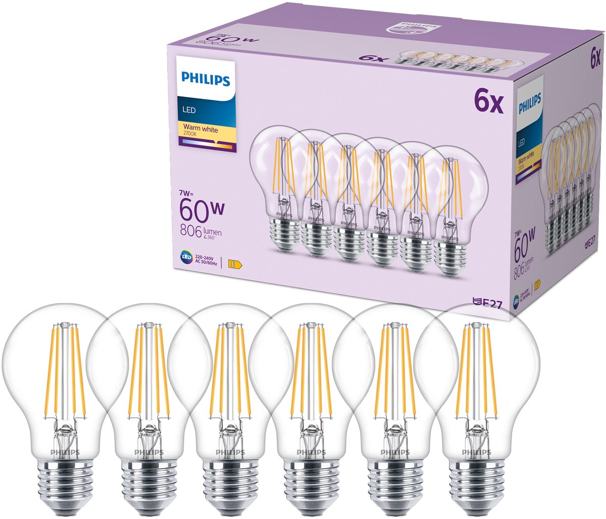 Philips LED pære A60 7W/827 (60W) Klar 6-pak E27