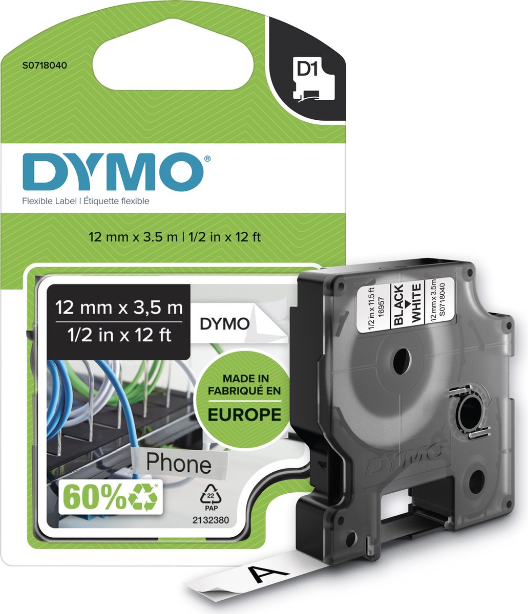DYMO D1 tape fleksibel nylon | sort/hvid | 12mm x 3,5m