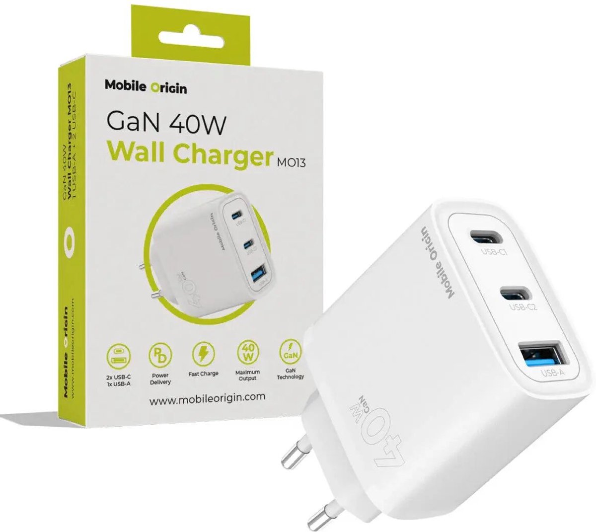 Mobile Origin GaN 40W Wall Charger MO13 - white 1 USB-A + 2 USB-C