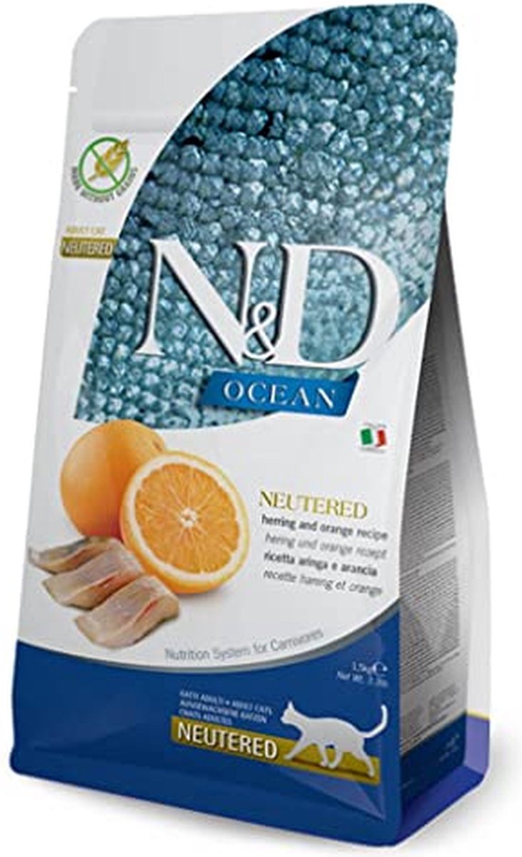 Set prova! 2 x 1,5 kg Farmina N&D Ocean Grain Free Adult per gatti - 1,5 kg Aringa, Zucca e Arancia + 1,5 kg Aringa e Arancia
