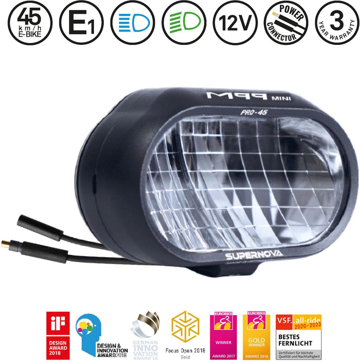 Supernova M99 Mini Pro 45 Scheinwerfer E-Bike E1 - extrem helles Fern- & Abblendlicht
